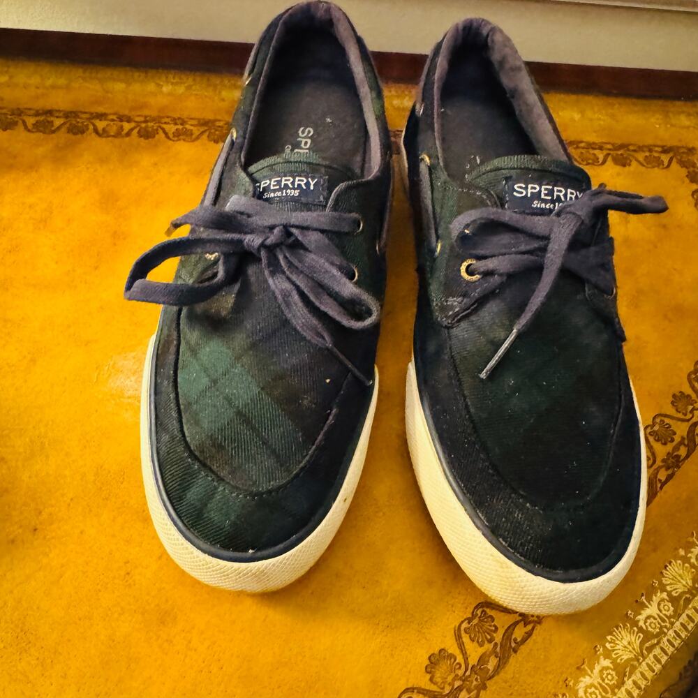 Sperry Womens Green Navy Plaid Topsiders Boat Deck Canvas Preppy Slip on Shoe 8